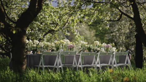 Wunderschöner-Blühender-Garten-Mit-Serviertem-Und-Dekoriertem-Tisch-Für-Ein-Festliches-Familienessen-Im-Frühling